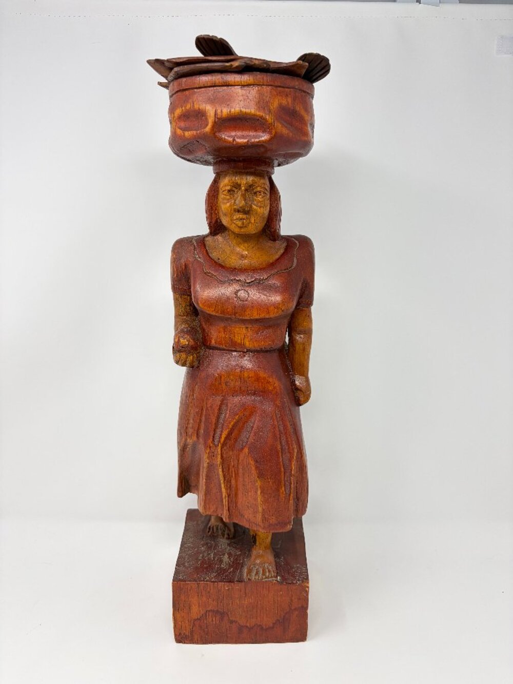 Vtg Handcarved Wooden Statue of Woman Carrying Basket Fish on Head Large 19"